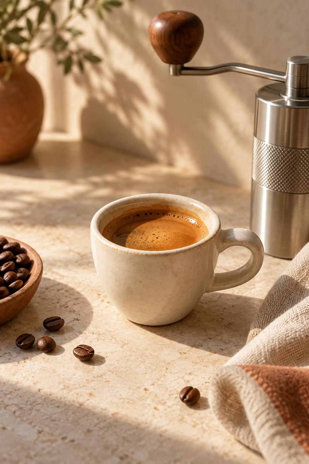 An espresso cup on a warm stone counter beside a manual grinder